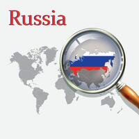 un aumentador vaso en Rusia de el mundo mapa, enfocar Rusia mapa con un degradado antecedentes y Rusia bandera en el mapa, vector Arte