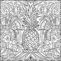 Hand drawn round shape coloring page for kids and adults. Beautiful drawings with patterns and small details. Coloring book with pineapple fruit, tree branch, leaves. Vector