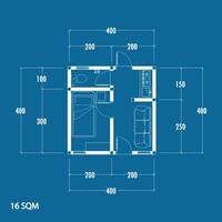 piso plan Plano tipo dieciséis metros cuadrados, figura de el apunte bosquejo de el construcción y el industrial esqueleto de el estructura y dimensiones. vector eps 10