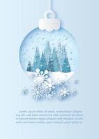 Landscape of pine trees with snowing in a Christmas ball and Snowflake in paper cut style and example texts blue background. Christmas greeting card and poster in vector design.