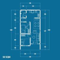 piso plan Plano tipo 50 metros cuadrados, figura de el apunte bosquejo de el construcción y el industrial esqueleto de el estructura y dimensiones. vector eps 10