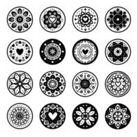 Collection of cute mandala decorative patterns, design in black and white, geometric and floral elements, vector illustration.