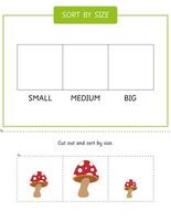 Sort mushrooms by size worksheet for preschool and kindergarten. Educational game for kids. Cut and paste activity vector