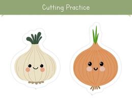 Cutting practice activity for kids with cute onion and garlic characters. Educational game for preschool and kindergarten children vector