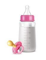 3d realista vector icono ilustración. bebé niña rosado Leche botella con chupete. aislado en blanco.