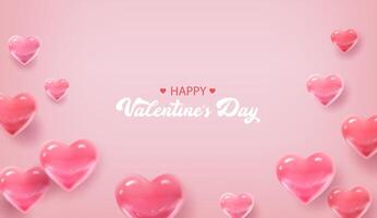 3d realistic vector illustration. Happy Valentines Day banner. Pink hearts on light background.