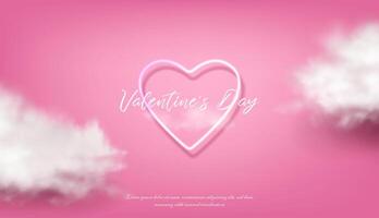 3d realistic vector illustration. Pink background with white clouds and neon glow heart. Happy Valentines Day banner.