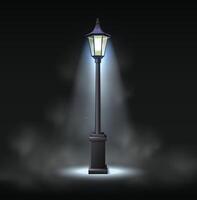 3d realistic vector icon illustration. Old street light with light effect in glowy darkness and clouds.