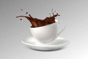 3d realistic vector icon illustration. White cup with saucer and splash of coffee.