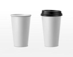 3d realistic vector icon illustration. Paper coffee cup with black lid and without.