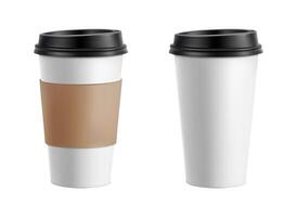 3d realistic vector icon illustration. White paper coffee cup with black lid and cardboard.