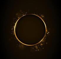 Vector abstract glowing gold circle with sparkles. Abstract round golden light frame on dark background.