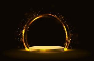 Vector glowing golden circle with sparkles and gold podium.