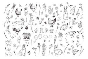 Easter eggs, rabbits, chicken, flowers spring vector line illustrations set.