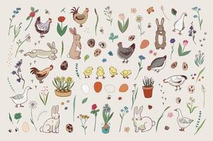 Easter eggs, rabbits, chicken, flowers spring vector illustrations set.