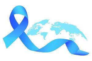 World Cancer Day. Blue realistic ribbon on the background of the world map. Celebrate World Cancer Day on February 4. Png template for banners, posters, social media, etc. vector