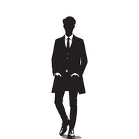 Vector silhouette of a man in a business suit standing, black color isolated on white background