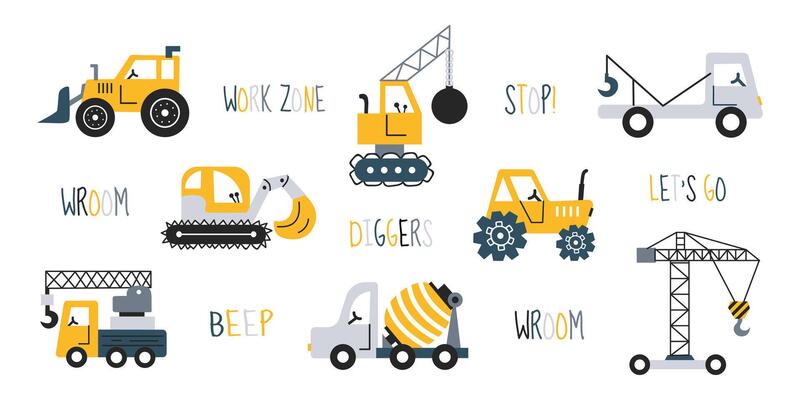 Hand drawn cute cars - tractor, cement mixer, cargo crane, bulldozer, excavator.  Children's vector set of road transportation toys. Lettering on automobile theme. Vehicle set. Cute diggers.