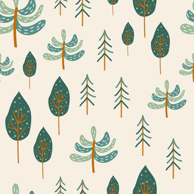Cute seamless pattern with forest trees. Minimalistic pattern for fabric. Vector. Cute colored trees for kids room, fabric, clothes. Children's template in flat cartoon style.