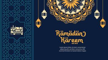 Ramadán kareem saludo tarjeta o póster modelo con mandala y caligrafía. vector ilustración