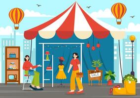 Flea Market Vector Illustration with Second Hand Shop with Shoppers, Swap Meet, Sellers and Customers at Weekend in Business Flat Background