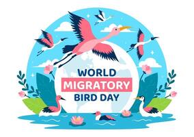 mundo migratorio pájaro día vector ilustración con aves migraciones grupos y su hábitats para vivo acuático ecosistemas en plano dibujos animados antecedentes