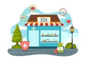 Drug Store Vector Illustration with Shop for the Sale of Drugs, a Pharmacist, Medicine, Capsules and Bottle in Healthcare Flat Cartoon Background