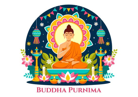 Happy Buddha Purnima Vector Illustration of Vesak Day or Indian Festival to Spiritual with in a Deep Meditation in Flat Cartoon Background