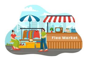 Flea Market Vector Illustration with Second Hand Shop with Shoppers, Swap Meet, Sellers and Customers at Weekend in Business Flat Background