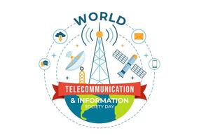 mundo telecomunicación y información sociedad día vector ilustración en mayo 17 con comunicaciones red a través de tierra globo en plano antecedentes