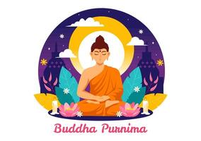 contento Buda purnima vector ilustración de vesak día o indio festival a espiritual con en un profundo meditación en plano dibujos animados antecedentes