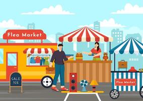 Flea Market Vector Illustration with Second Hand Shop with Shoppers, Swap Meet, Sellers and Customers at Weekend in Business Flat Background