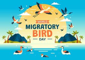 mundo migratorio pájaro día vector ilustración con aves migraciones grupos y su hábitats para vivo acuático ecosistemas en plano dibujos animados antecedentes