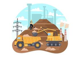 Mining Company Vector Illustration with Heavy Yellow Dumper Trucks for Sand Mine Industrial Process or Transportation in Flat Cartoon Background