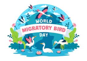 mundo migratorio pájaro día vector ilustración con aves migraciones grupos y su hábitats para vivo acuático ecosistemas en plano dibujos animados antecedentes