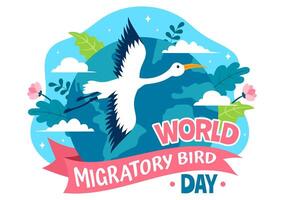 mundo migratorio pájaro día vector ilustración con aves migraciones grupos y su hábitats para vivo acuático ecosistemas en plano dibujos animados antecedentes