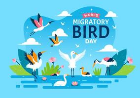 mundo migratorio pájaro día vector ilustración con aves migraciones grupos y su hábitats para vivo acuático ecosistemas en plano dibujos animados antecedentes