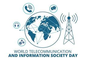 mundo telecomunicación y información sociedad día vector ilustración en mayo 17 con comunicaciones red a través de tierra globo en plano antecedentes