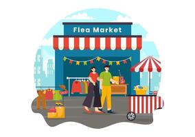 Flea Market Vector Illustration with Second Hand Shop with Shoppers, Swap Meet, Sellers and Customers at Weekend in Business Flat Background