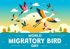 mundo migratorio pájaro día vector ilustración con aves migraciones grupos y su hábitats para vivo acuático ecosistemas en plano dibujos animados antecedentes