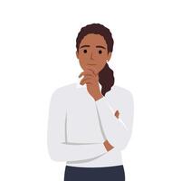 Young woman with her hand on her chin showing a thought, thinking, or having a question. Flat vector illustration isolated on white background