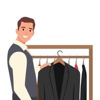 hombre elegir traje sostener percha con chaqueta y pantalones en frente de espejo. masculino personaje en compras adecuado nuevo vestir. vector