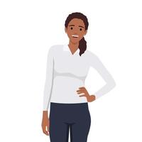 Young woman wearing casual office suit and stands with poses one hand in waist. vector