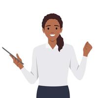 Young woman excited celebrating using mobile phone or tablet or gadget. vector