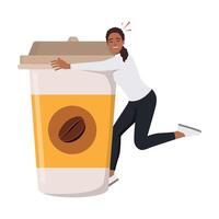 Cute girl hugs giant coffee mug flat cartoon vector illustration isolated on white background. Coffee lover. Flat vector illustration isolated on white background
