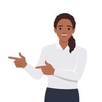 Woman hand pointing finger at left up corner with happy expression and advices use this copy space wisely. vector