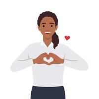 joven mujer haciendo corazón forma con manos. contento linda joven hermoso haciendo corazón forma con manos de pie. vector