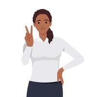 Happy girl shows hand gesture, victory sign. Portrait of beautiful young woman. vector