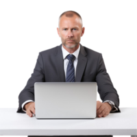 AI generated businessman sitting at table with laptop and coffee png