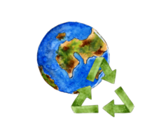 Watercolor illustration of blue planet earth and green garbage recycling sign. Earth Day. Environment protection. Symbol reuse eco design. Isolated png